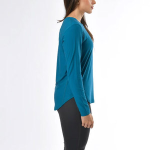 Women's Quick Dry Athletic Loose Fit Active Yoga <b>Long</b> Sleeve Short Fitness Top Curved Hem Design Round Neck Comfortable Shirt - Product Image 6