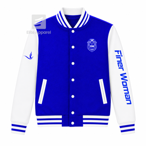 Chaqueta universitaria personalizada de la hermandad Zeta Phi Beta, azul y blanca, con cremallera frontal completa, cuello con banda, logotipo bordado, de algodón. - Product Image 1