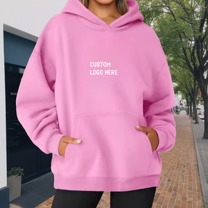 Sweat à capuche rose oversize pour femme, manches longues, couleur unie, logo sur le devant, volants, poches, respirant, en coton tricoté, vêtement d'hiver - Product Image 6