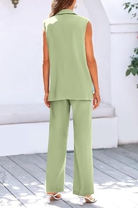 Women Sleeveless <b>Blazer</b> <b>Set</b> Solid Color Wide Leg Pants Two Piece Suit Formal Spring Summer Woven Fabric Notched Collar - Product Image 3