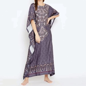 Women's Purple Paisley Print <b>Kaftan</b> Maxi Dress O-Neck Cap Sleeve Ankle-Length Modest Evening Wear Chiffon Fabric - Product Image 4