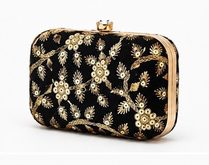 Elegant Black Velvet Clutch With Gold Floral Embroidery Magnetic Closure Women's Party Wedding Handbag - Product Image 3