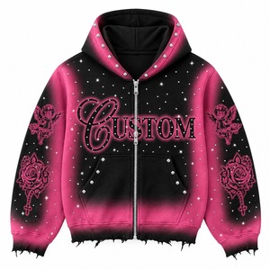 Custom <b>Pink</b> And Black Zip Up Hoodie With Rhinestone Angel Print And Raw Frayed Hem Design For Unisex Wear - Product Image 1