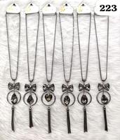 Collier long de luxe PingBling en métal canon de fusil avec nœud en cristal, double anneau, pendentif goutte facetté fumé, chaîne à pampilles et motif floral pour femme