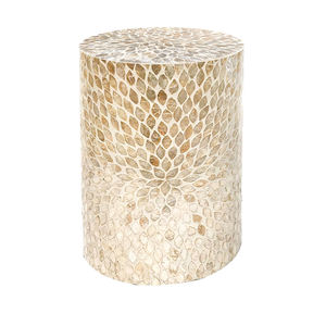 Floral Leaf Pattern Cylinder <b>Stools</b> Mother of Pearl Handcrafted Mosaic Small Side Table For Living Room <b>Bedroom</b> Decor Use - Product Image 1