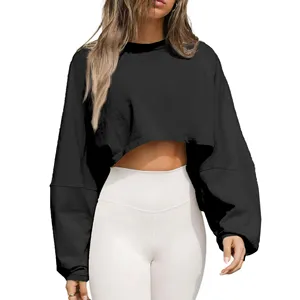 Sudadera Corta Oversize para Mujer, de Color Liso, de Algodón Tejido, Manga Larga, Cuello Redondo, Hombros Caídos, con Logo Frontal, para Invierno y Otoño - Product Image 2