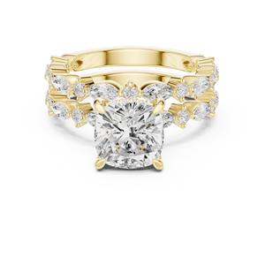 Yellow Gold Lab Grown Diamond Cushion Cut Engagement Ring, Multi-Stone Pavé Band, Luxury Bridal Wedding Ring for Women <b>Gifts</b> - Product Image 1