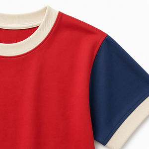 T-shirt rouge à manches courtes pour homme, coupe classique, col rond, jersey décontracté en coton, blocs de couleur, bordure contrastée - Product Image 3