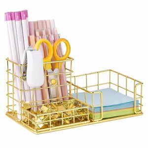 Organisateur de bureau en acier inoxydable doré, panier de rangement à un seul niveau, multifonctionnel pour fournitures de bureau, papeterie, minimaliste - Product Image 1