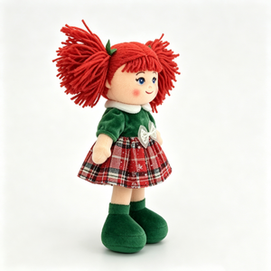 customized Top-down flat lay plush rag <b>doll</b>, bright red yarn double pigtails, rosy blush cheeks, blue eyes, gentle smile - Product Image 1