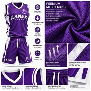 Conjunto Profesional de Camiseta y Pantalones Cortos de Baloncesto Color Morado, Uniformes Personalizados para Equipos Masculinos, Ropa Deportiva Ligera y Transpirable, Sublimación - Product Image 5