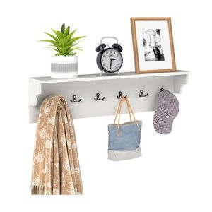 "Wall-Mounted Coat Rack with 6 <b>Hooks</b> & 110LBS Capacity 31.5"x5.5"x8" White <b>Shelf</b> for Home Organization" - Product Image 1