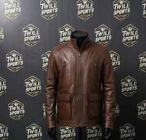 Chaqueta Casual de Motociclista para Hombre, de Cuero Genuino Marrón, Cuello Alto, Cierre de Cremallera, Corte Regular, Invierno, Servicio OEM - Product Image 2