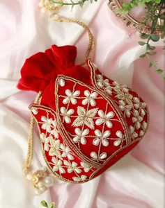 Traditional Mirror <b>Work</b> Embroidery Potli Bag With Pearl Beads Bridal Wedding Fashion Drawstring <b>Pouch</b> For Women - Product Image 5