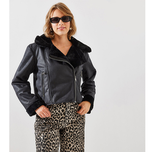 Blouson bomber en similicuir suédé pour femme avec col et poignets fourrés, manteau court d'hiver épais coupe-vent tissé - Product Image 4