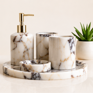 Ensemble d'accessoires de salle de bain en marbre de qualité supérieure, 4 pièces, en pierre naturelle, fabriqué à la main, distributeur de savon liquide, porte-brosse à dents, plateau pour la maison - Product Image 1