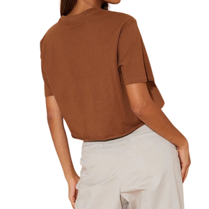 T-shirt décontracté en maille à manches courtes et col rond pour femme, couleur unie, coupe classique, marron, printemps-été - Product Image 4