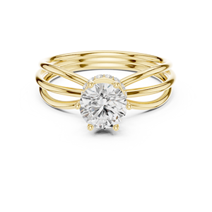 Bague de fiançailles en or jaune avec diamant de laboratoire rond, sertie de plusieurs griffes et halo caché, bijoux fins pour femme - Product Image 1