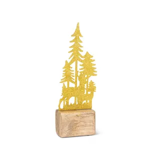 Figura Metálica Dorada con Diseño de Ciervo y Árboles sobre Base de Madera, Decoración para el Hogar, Escultura Artística - Product Image 1