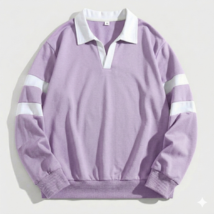 เสื้อเชิ้ตผู้ชายถักแบบขายส่ง สีม่วงอ่อนขาวสไตล์วินเทจ แขนยาว ระบายอากาศได้ดี ผลิตจากโพลีเอสเตอร์ ทรงโอเวอร์ไซส์ สไตล์รักบี้ - Product Image 1