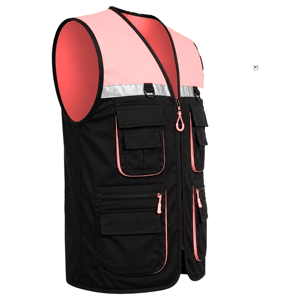 Gilet de sécurité réfléchissant haute visibilité unisexe noir rose en polyester avec poches - Product Image 5