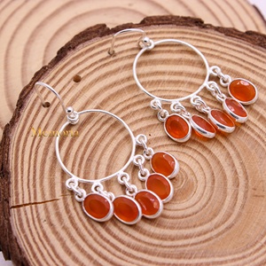 Boucles d'oreilles pendantes en argent sterling 925 massif avec cornaline naturelle ovale, style chandelier, pour femme, bijoux fins vintage bohèmes, vente en gros - Product Image 1
