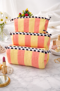 Sacs à maquillage en coton durable à rayures jaunes imprimées, pochettes indiennes, trousse de toilette de voyage, organiseur de cosmétiques - Product Image 1