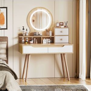 Adjustable Lighted 3 Mirror Makeup Vanity Desk with Solid Wood <b>Table</b> <b>Feet</b> 4-Drawer 3-Open Dressing <b>Table</b> Set - Product Image 1