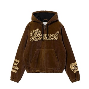 Custom Brown Corduroy <b>Zip</b> Up <b>Hoodie</b> Men Heavyweight Corduroy Sweatshirt With Side <b>Pockets</b> Front And Back Print <b>Hoodie</b> - Product Image 2