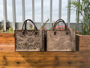 Large Western Concealed Carry Tooled Leather Briefcase <b>Laptop</b> Shoulder Handbag Brown <b>Hand</b> Tooled Tote <b>Bag</b> Genuine Leather Purse - Product Image 3