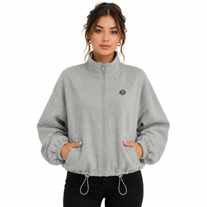 Stand Collar Women Sweatshirts Full Zip Solid Gray Cotton Fleece Oversized Drawcord Hem High Street Hoodies Custom Logo Bulk - Product Image 1
