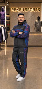 REXFIT SPORTS 2026 Custom <b>Men</b>’s Black Nylon Tracksuit Set Full Zip Hooded <b>Jacket</b> and Pants Printed Panels Custom Sportswear - Product Image 6