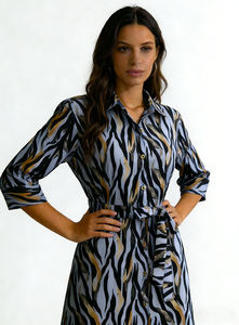 เดรสเชิ้ตผ้าซาตินลายม้าลายสำหรับผู้หญิง ปี 2026 แขน 3/4 พร้อมเข็มขัดผูกเอง ความยาวระดับเข่า สไตล์ลำลองสำหรับใส่ทำงานหรือกึ่งทางการ - Product Image 6