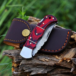 Cuchillo Plegable de Acero de Damasco con Patrón Trenzado, Bloqueo Trasero, Mango de Madera Pakka, Funda, Cuchillo EDC de Bolsillo para Camping, OEM, Venta Caliente - Product Image 4