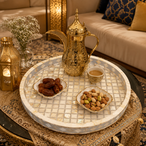 Bandeja Redonda para Servir con Incrustaciones de Madreperla |   Bandeja de Madera de Lujo Hecha a Mano |   Bandeja de Cocina Premium para Regalo de Decoración del Hogar en Ramadán y Eid Árabe - Product Image 6