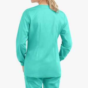 Blouse de travail personnalisée en gros, col rond, patte de boutonnage dissimulée, fermeture à boutons-pression, manches longues, poignets côtelés, poches plaquées, blouses de travail élégantes - Product Image 2