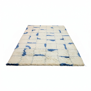 DECORDEC Tapis shag géométrique personnalisé en laine tuftée à la main, antidérapant, écologique, bleu ivoire, motif grille abstraite pour hôtel et villa - Product Image 2