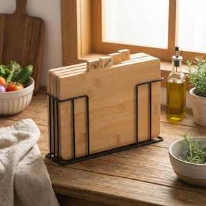 Bamboo Wooden Index Cutting Board Set of 4 Chopping Block with Groove Metal <b>Stand</b> Holder for Kitchen Bread Meat <b>Vegetables</b> Fish - Product Image 1