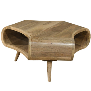 Table basse de salon en bois de manguier, hexagonale, rétro, faite à la main, avec bords incurvés et trois compartiments de rangement ouverts - Product Image 2