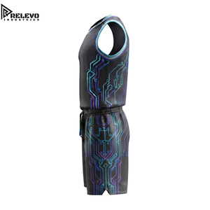 High Quality Cyber Circuit V-Neck Basketball Jersey and Shorts Set, Textured Black Activewear Uniform with <b>Neon</b> Teal and Purple - Product Image 4