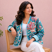 Jaket Katun Berlapis Motif Bunga Khusus Wanita, Ringan, Cetak Blok, Model Terbuka, Gaya Boho Kasual, Pemasok Grosir OEM ODM