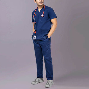 Haut de blouse médicale bleu pour homme à col en V et manches courtes avec poches, en coton et polyester tissé, ensemble uniforme d'hôpital - Product Image 1