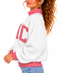 Sweat-shirts universitaires surdimensionnés personnalisés à col montant pour femmes, en tissu épais, à carreaux vichy et patchwork, prix de gros - Product Image 2