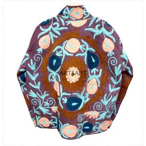Handmade Corduroy <b>Jacket</b> Floral Embroidery Blazer Mandarin Collar Full Sleeve Zipper Closure Autumn Winter - Product Image 5