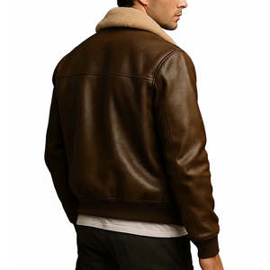 Blouson aviateur vintage en cuir et peau de mouton pour homme, marron, fermeture éclair sur le devant, col en fourrure, décontracté, inspiré de l'aviation, chaud et épais pour l'hiver - Product Image 5