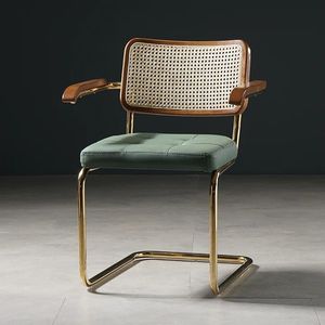 Silla de Hotel Moderna de Madera de Teca con Respaldo de Mimbre y Estructura de Metal Dorado, Asiento Tapizado, Muebles Comerciales para Interiores - Product Image 1