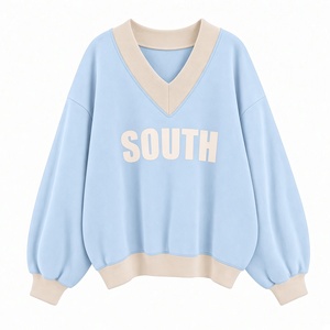 Sudadera OEM para mujer, color turquesa, cuello en V, bloques de color, manga farol, estampado de letras, jersey casual de punto. - Product Image 6