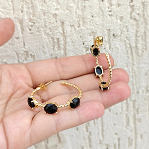 Chunky gold plated earring oval cut black onyx prong set jewelry brass hoops <b>light</b> weight statement jewelry hoop pairs for women - Product Image 4