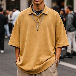 เสื้อโปโลโอเวอร์ไซส์ผู้ชายแบบกำหนดเอง สีเหลืองมัสตาร์ด ผ้าฝ้าย ทรงหลวม สตรีทแวร์ลำลอง เสื้อยืดแขนสั้น - Product Image 4