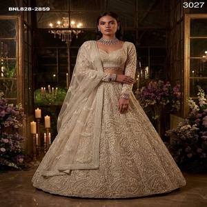 Wedding wear Heavy <b>Net</b> with Pearl & Sequin Embroidered A-Line Ivory Lehenga- Fancy Border Readymade Blouse Set At Wholesale Rate - Product Image 1